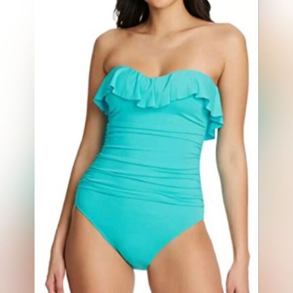 Bleu Rod Beattie Shirred Ruffle Bandeau One-Piece Swimsuit NWOT Sz 12 Aqua Blue